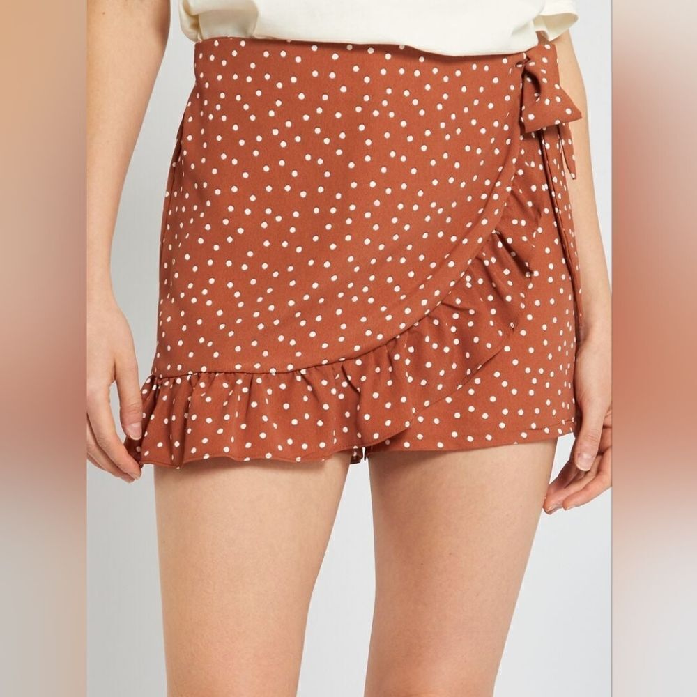 American eagle large faux wrap skirt shorts orange brown polka dot skort